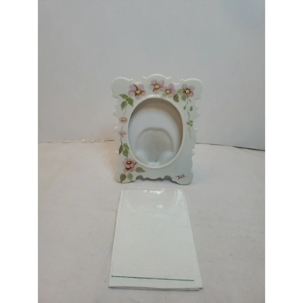 Vintage Porcelain Photo Frame Oval Center Hand‎ Painted Flowers Signed By 